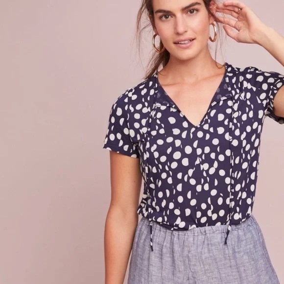 Maeve by Anthropology Clemente Tee Navy Polka Dot Size Large - Picture 2 of 16